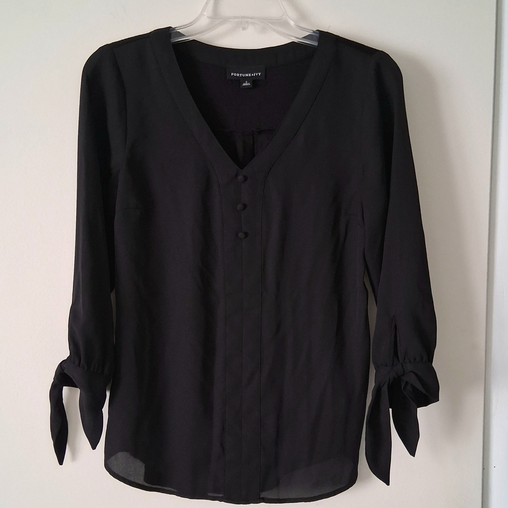 Portmans Black V-Neck Tie Cuff Blouse